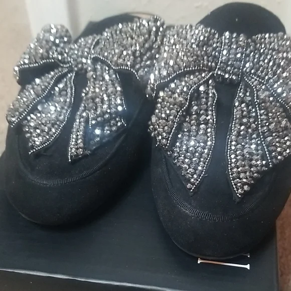 INC International Concepts Black and Silver Mules with Crystal Bow - Picture 2 of 5